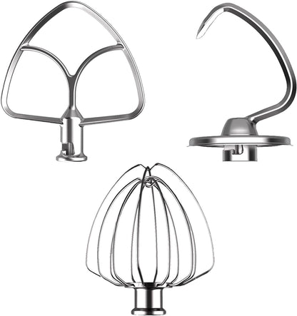 3 Pack Mixer Attachments Set for KitchenAid 4.5-5 Quart Tilt-Head Stand Mixers, Replacement Parts Kit with K45DH Dough Hook, K45B Coated Flat Beater, Stainless Steel K45WW Wire Whip, Dishwasher Safe