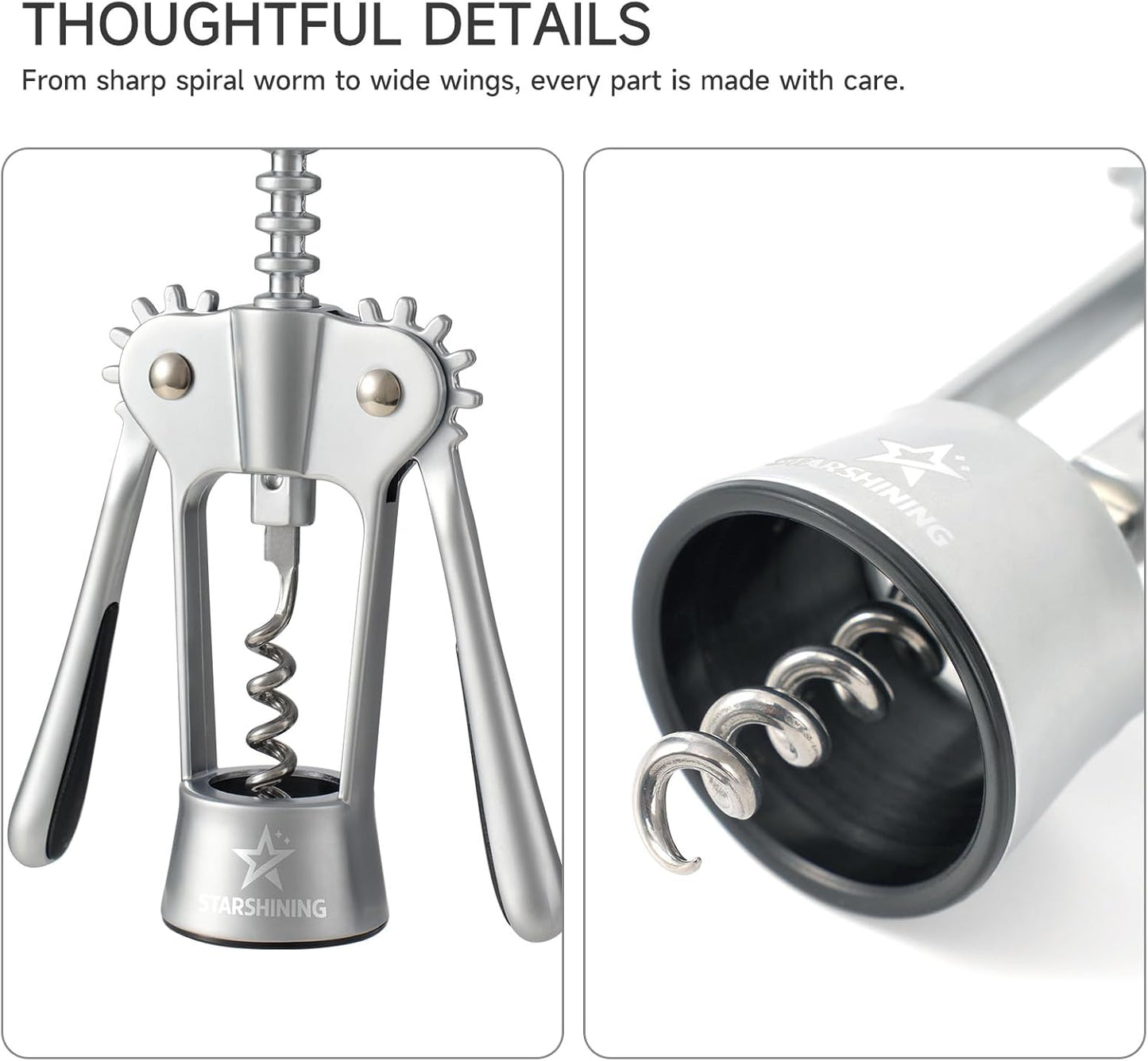 Wine Opener,Heavy-Duty Zinc Alloy Wing Corkscrew Wine Bottle Opener with Sharp Spiral Screw,Round Handles,Matte Silver