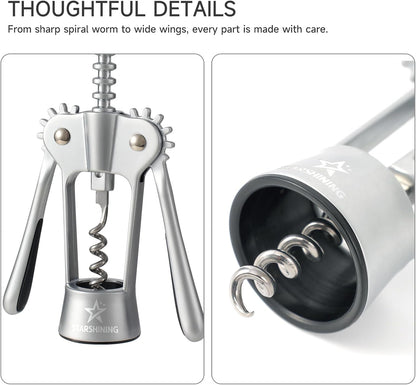 Wine Opener,Heavy-Duty Zinc Alloy Wing Corkscrew Wine Bottle Opener with Sharp Spiral Screw,Round Handles,Matte Silver