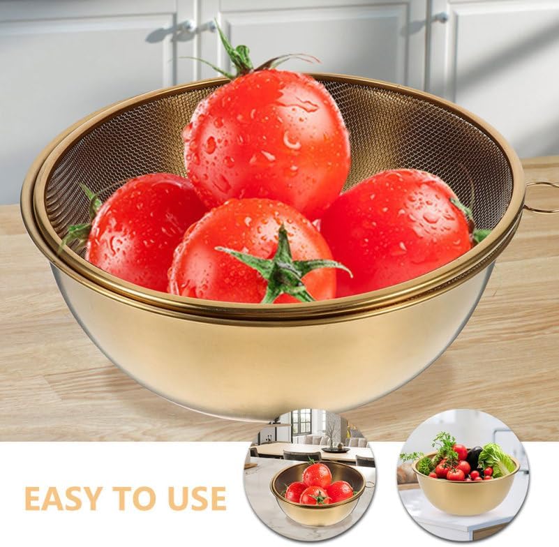 Amosfun Stainless Steel Colander Rice Strainer With Mixing Bowl - Rice Filter Basket Washing Bowl Space-saving Design Easy to Use
