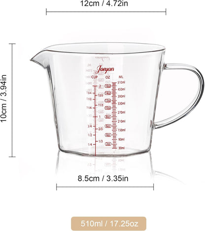 Joeyan 17 oz Glass Measuring Cup with Spout and Handle,2 Cup Large liquid Measuring Pitcher Jug,Stackable Borosilicate Kitchen Mixing Bowl,Glass Bakeware Batter Bowls