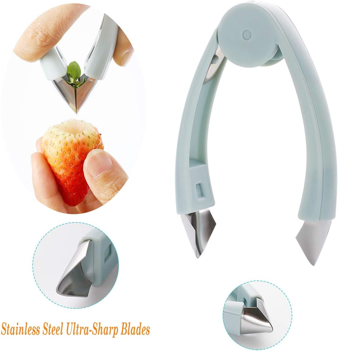 Strawberry Huller Stem Remover Tomato Corer Potato Pineapple Carrot Cutter Tool Kitchen Gadget Tweezers Peeler Utensil Clip for Fruit and Vegetable (Blue)