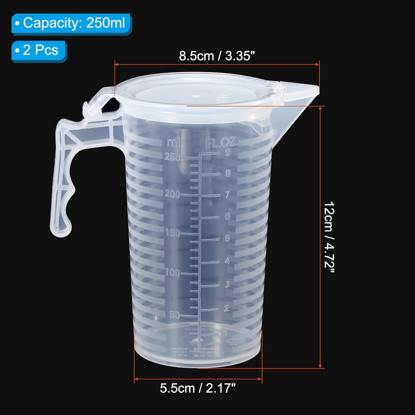 PATIKIL Graduated Beaker, 2 Pack 100ml PP Plastic Liquid Measuring Cup Double Sided Black Graduations with Handle Lid and Spout for Lab Kitchen Home
