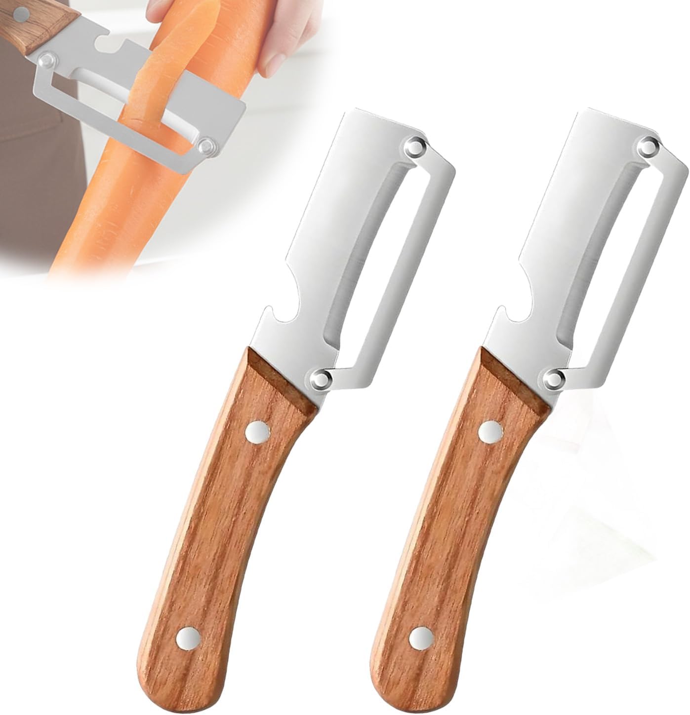 Sakerplus Multifunctional Vegetable Peeler with Wooden Handle and Bottle Opener, 2-in-1 Stainless Steel Blade, Contour-Flow for Kitchen Prep, Camping, Apple Potato Pumpkin Papaya Peeling
