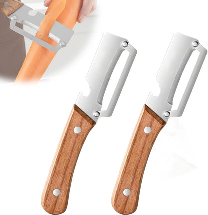 Sakerplus Multifunctional Vegetable Peeler, 2-in-1 Potato Peeler with Wooden Handle, 420 Stainless Steel Swivel Blade and Built-In Bottle Opener for Apples, Carrots and More (2)