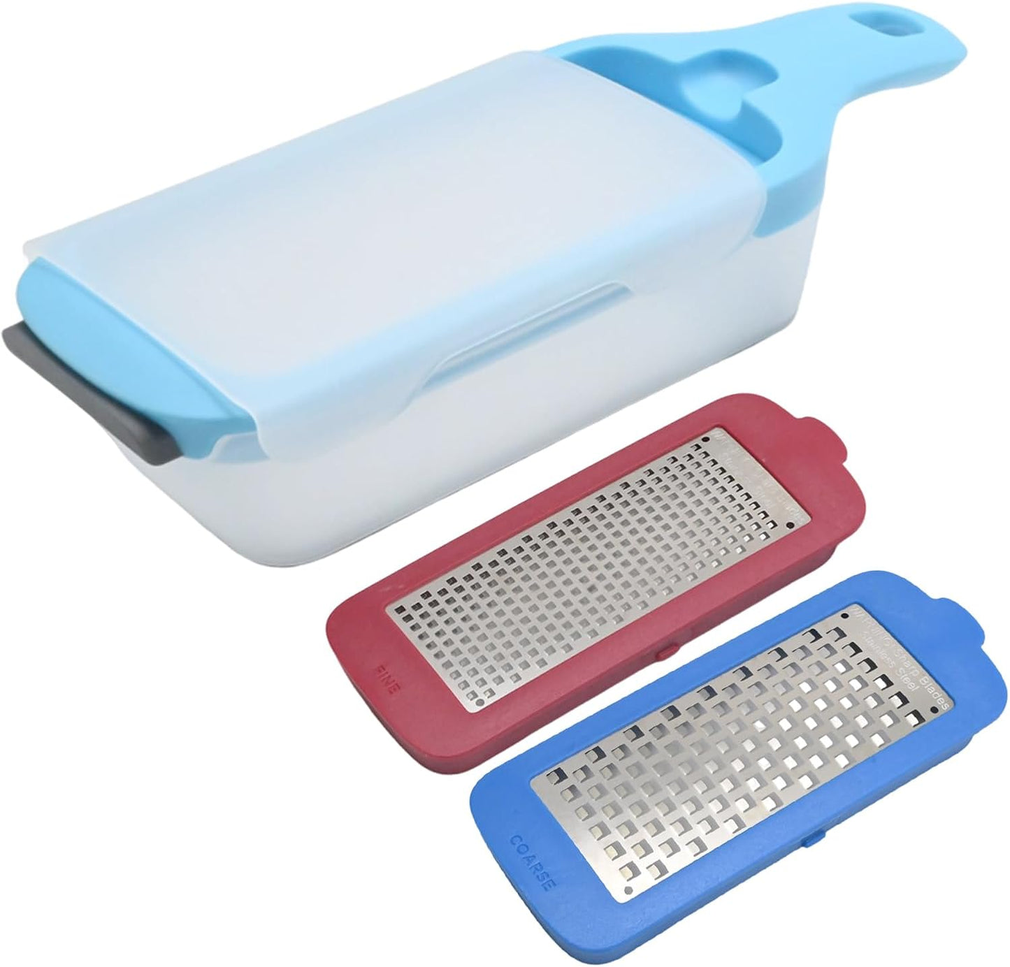 Hoypeyfiy Interchangeable Grater with Storage Box, Cheese Grater Kit Includes Coarse & Fine Stainless Steel Blades for Kitchen, Non-Slip Base for Stability