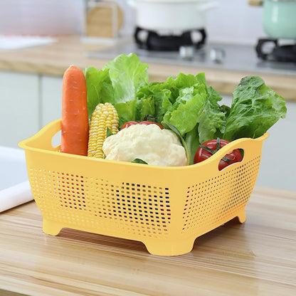 Double-layer Plastic Fruits Vegetable Washing Basket Food Storage Multi-layer Stackable Vegetable Sinks Wash Drain Basket for Kitchen (White)