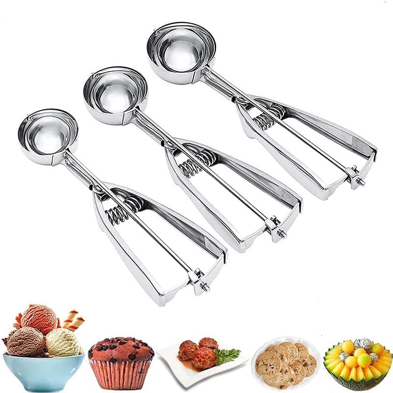 3-Piece Stainless Steel Ice Cream Scoop Set ? Heavy Duty Ice Cream Ball Maker in Small, Medium & Large Sizes ? Fruit Baller, Cookie Dough Scoop, Melon Spoon
