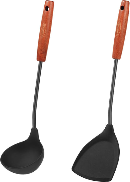 FJNATINH Wok Tools, Wok Utensil,Wok Spatula,Ladle,Skimmer Tool Set,Non Stick Heat-Resistant Silicone Cooking Utensils BPA Free Kitchen Utensils Cookware, Pack of 3,Black
