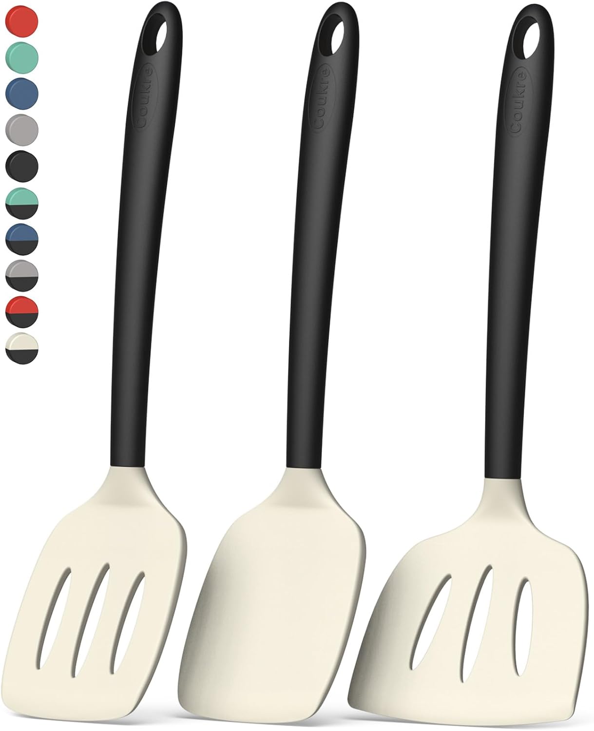 Coukre 3 Pack Silicone Spatula Set, High Heat Resistant, BPA-Free, Fish Spatula, Solid & Slotted Turner for Non-Stick Pans, Flipping Eggs, Pancakes, Fish, Burgers (3, PureBlack)