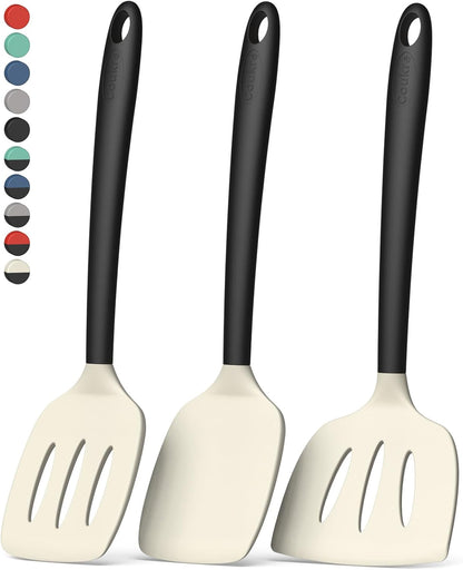 Coukre 3 Pack Silicone Spatula Set, High Heat Resistant, BPA-Free, Fish Spatula, Solid & Slotted Turner for Non-Stick Pans, Flipping Eggs, Pancakes, Fish, Burgers (3, PureBlack)