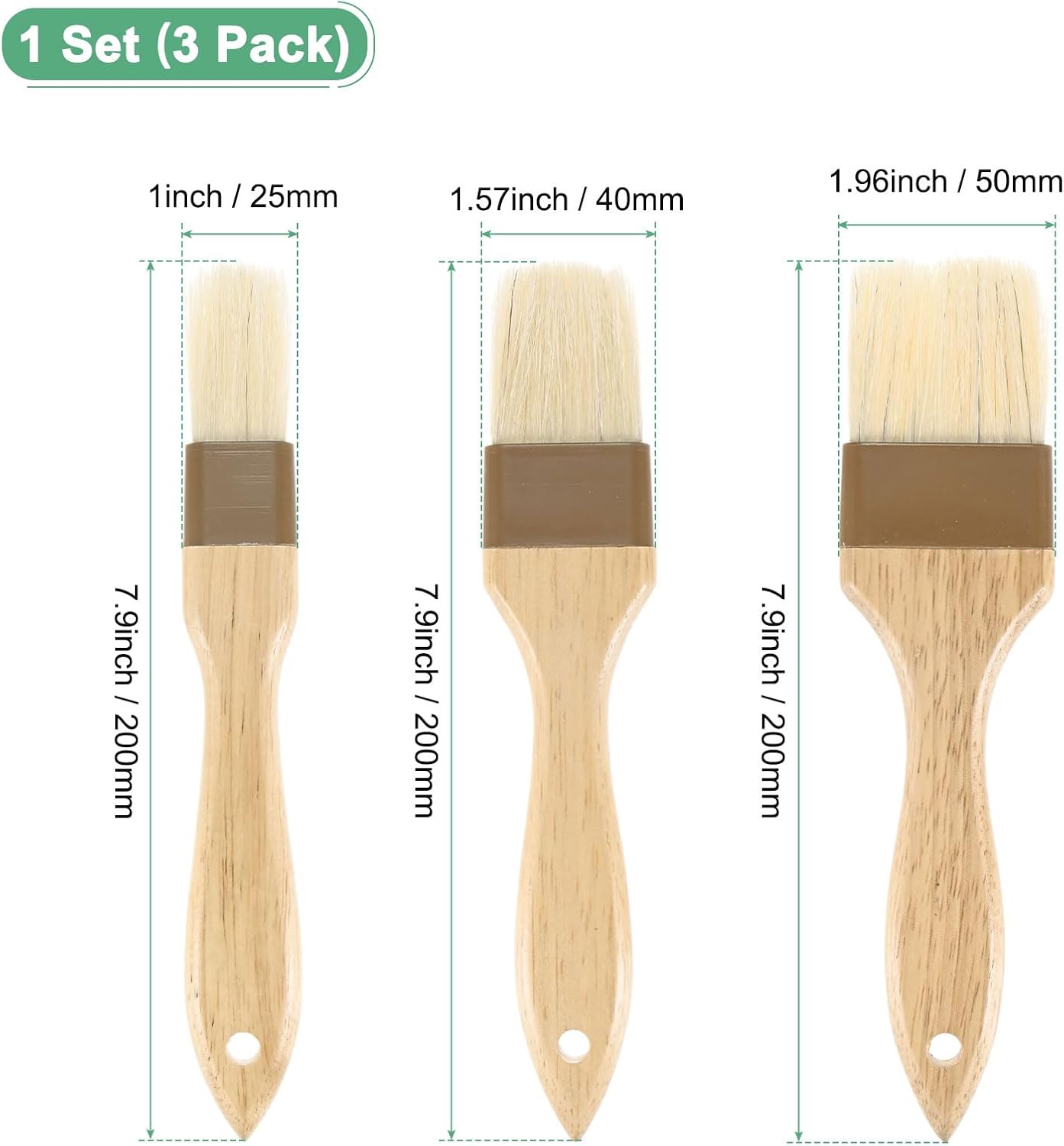 M METERXITY 1-Set Pastry Brush, Wooden Handle Natural Bristle Basting BBQ Oil Brush for Cooking/Barbecue/Kitchen [1, 1.6, 2"]