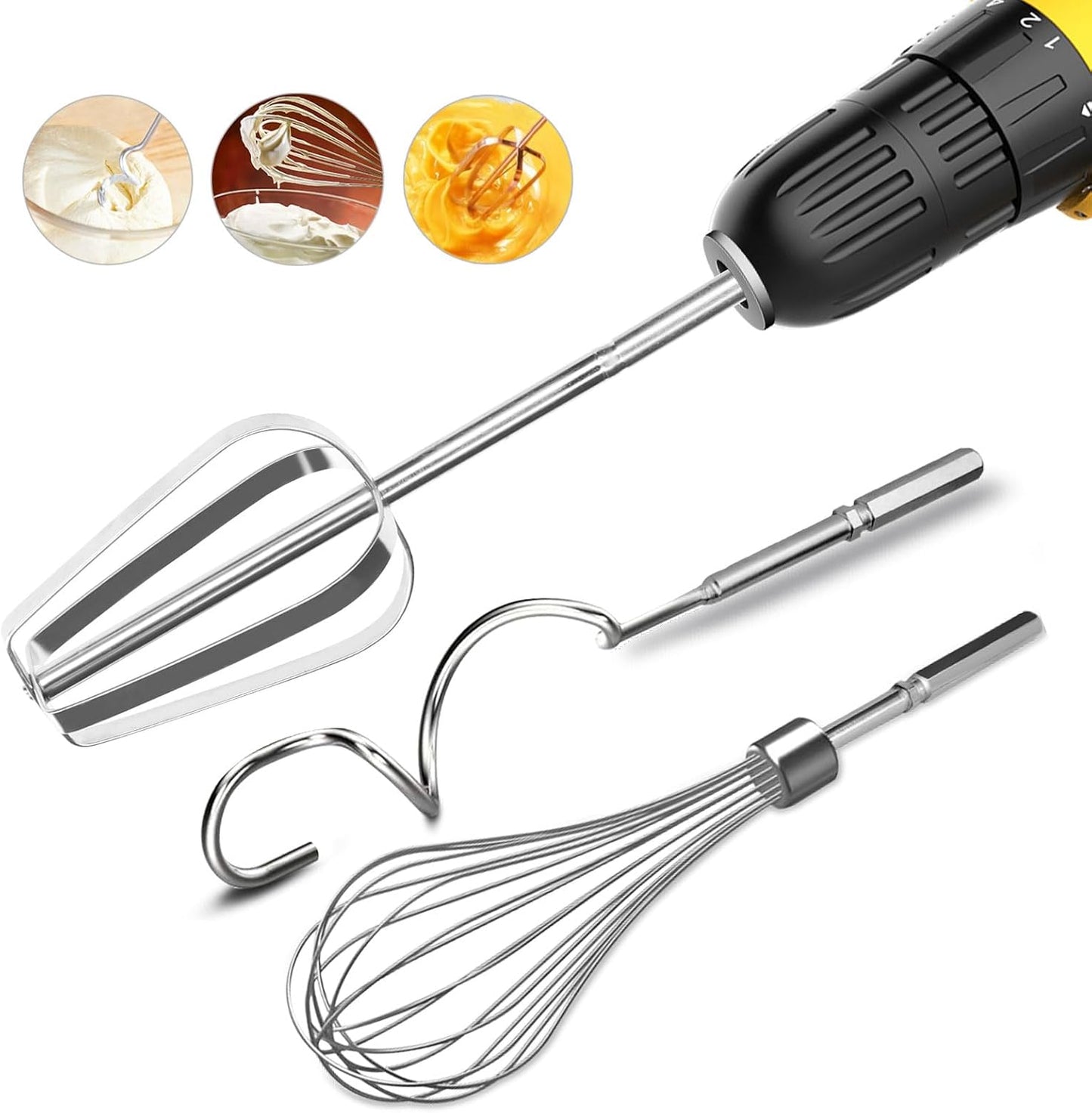 homicozy 3-Piece Stainless Steel Hand Mixer Attachment Set - Whisk, Dough Hook, Egg Beater for Drills - Dishwasher Safe, 9.8 Inch (Drill Not Included) (9.8inch)