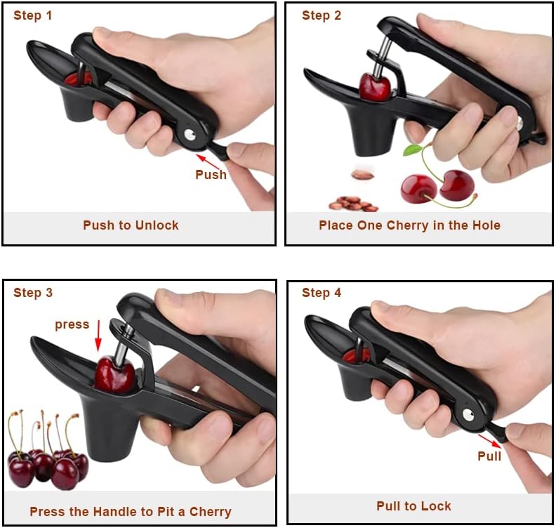 Cherry Pitter, Heavy-Duty Stainless Steel Olive and Cherry Pitters Corer Tool with Space-Saving Lock Design, Multi-Function Cherries Stoner Seed Remover Tool for Making Cherry Jam (Red)