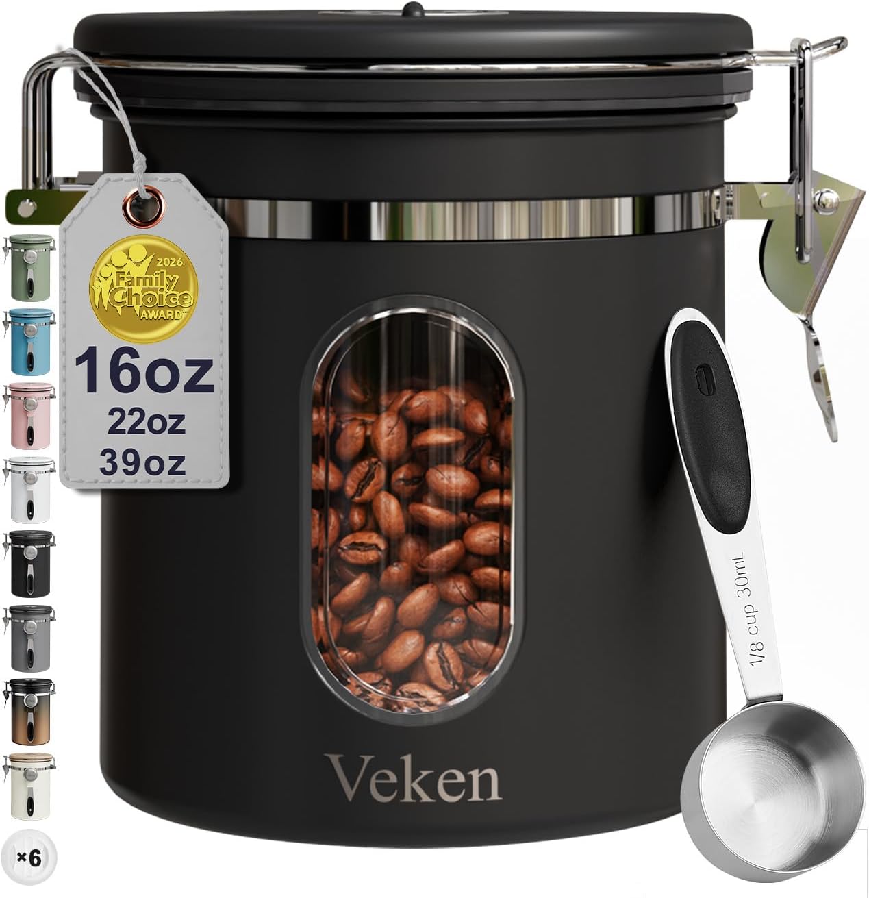 Veken Coffee Canister with Window,Airtight Stainless Steel Pantry Container,Home Kitchen Food Storage Organizers for Ground,Beans,Espresso,Rice,Tea,Sugar,Cereal, Decor,Bar Accessories,Gifts,22OZ,Black