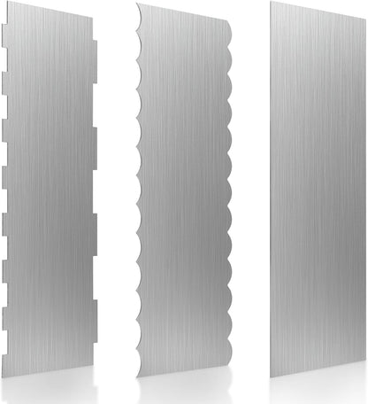 3 Pcs Stainless Steel Cake Scraper, 8.6-inch Double Sided Patterned Edge Stripe Edge Smoother Scraper, Cake Decorating Comb Metal Cake Scraper for Butter Mousse Cream Decoration
