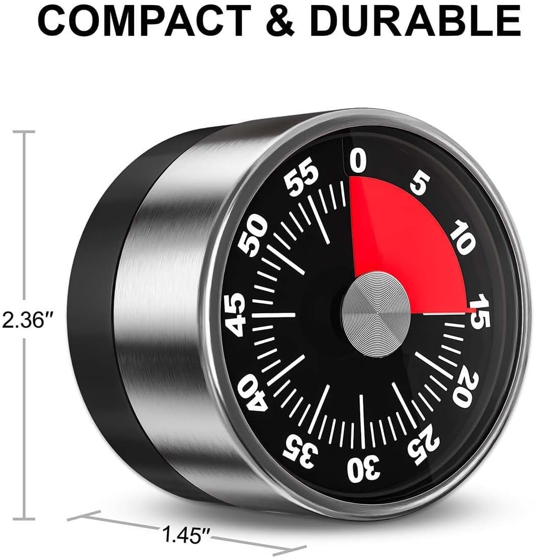Kitchen Magnetic Visual Cooking Mechanical Timer with Loud Alarm, No Batteries Required, Stainless Steel, Countdown 60 Minute Wind Up Timer for Study, Chef, Teacher, Office (White)