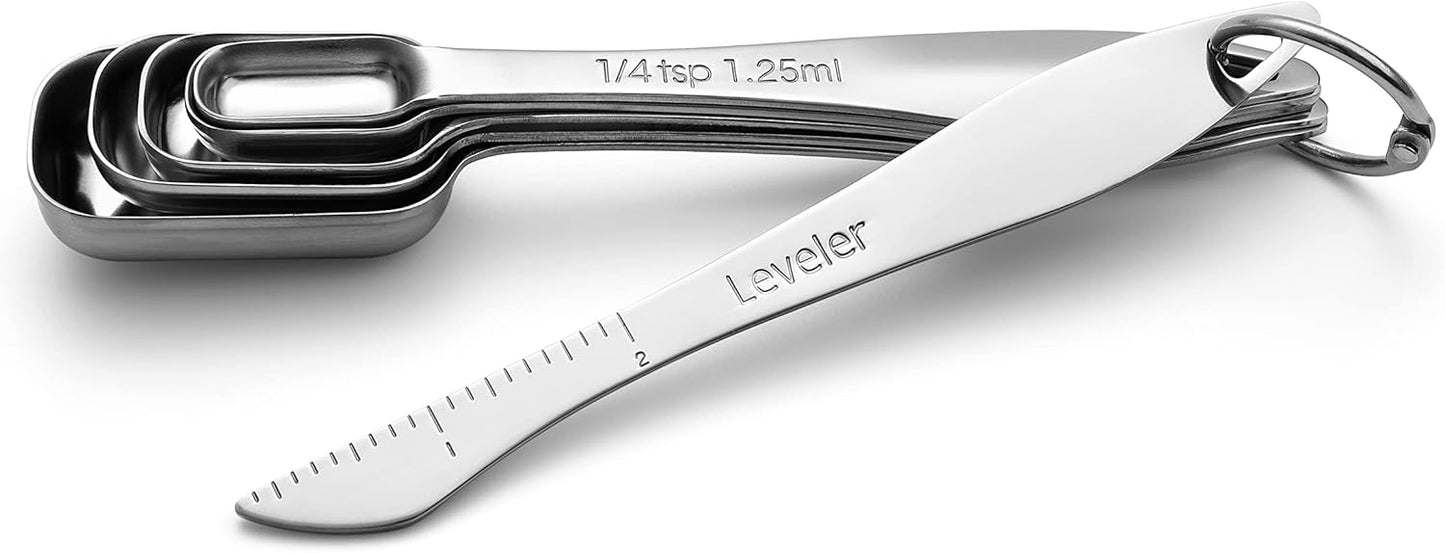 Spring Chef Stainless Steel Measuring Spoons Set of 7 with Leveler, Rectangular Metal Teaspoon & Tablespoon Measuring Spoons for Dry & Liquid Ingredients - Nesting Kitchen Gadgets For Baking & Cooking