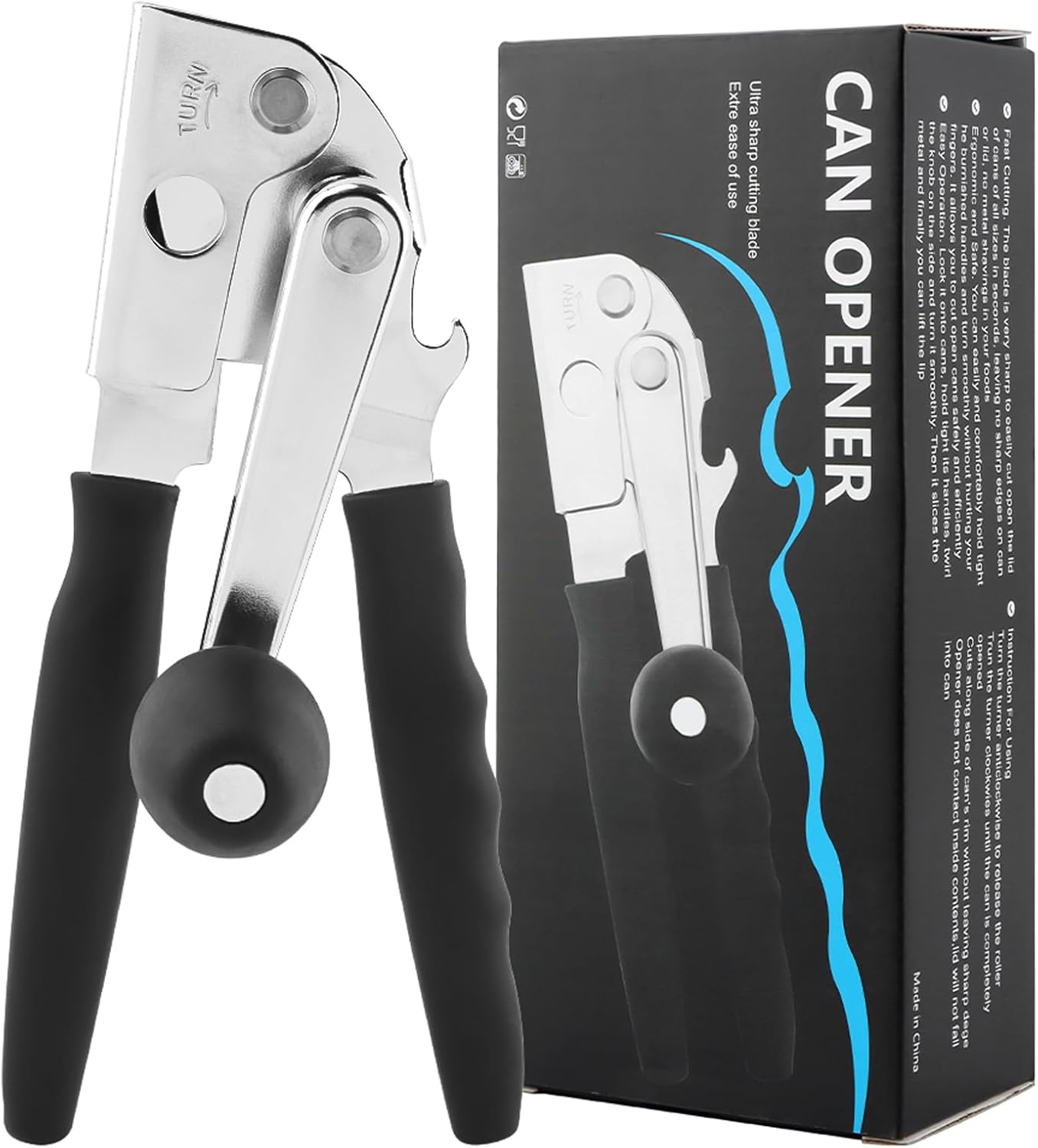 Manual Can Opener, Heavy Duty Ergonomic Design with Folding Crank Handle, Smooth Edge Cutting for Home & Commercial Use, Senior-Friendly, Durable Stainless Steel Construction