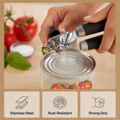 GORILLA GRIP Heavy Duty Stainless Steel Smooth Edge Manual Can Opener and Bottle Openers, US Designed, Soft Comfortable Handle, Oversized Handheld Turn Knob, Multifunctional Kitchen Tool, Black