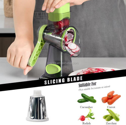 Rotary Cheese Grater with 3 Stainless Steel Blades – Manual Cheese, Vegetable, Nuts Slicer & Shredder with Strong Suction Base, Round mandoline slicer & Food Chopper - Hand Crank Grater with Handle