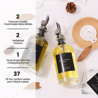 Molimoli - Premium Olive Oil Dispenser Bottles for Kitchen with Pourer - Oil and Vinegar Dispenser Set, Glass Dispenser for Kitchen, Dispenser Bottle of 350ml - Set of 2
