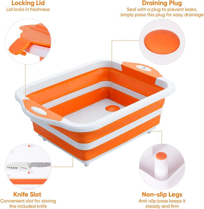 Collapsible BBQ Prep Tub with Lid, Foldable Camping Sink with Colander, Cutting Board, Dish Basin for Kitchen, Bowl, Vegetable and Fruit, Storage Basket for Picnic-Black