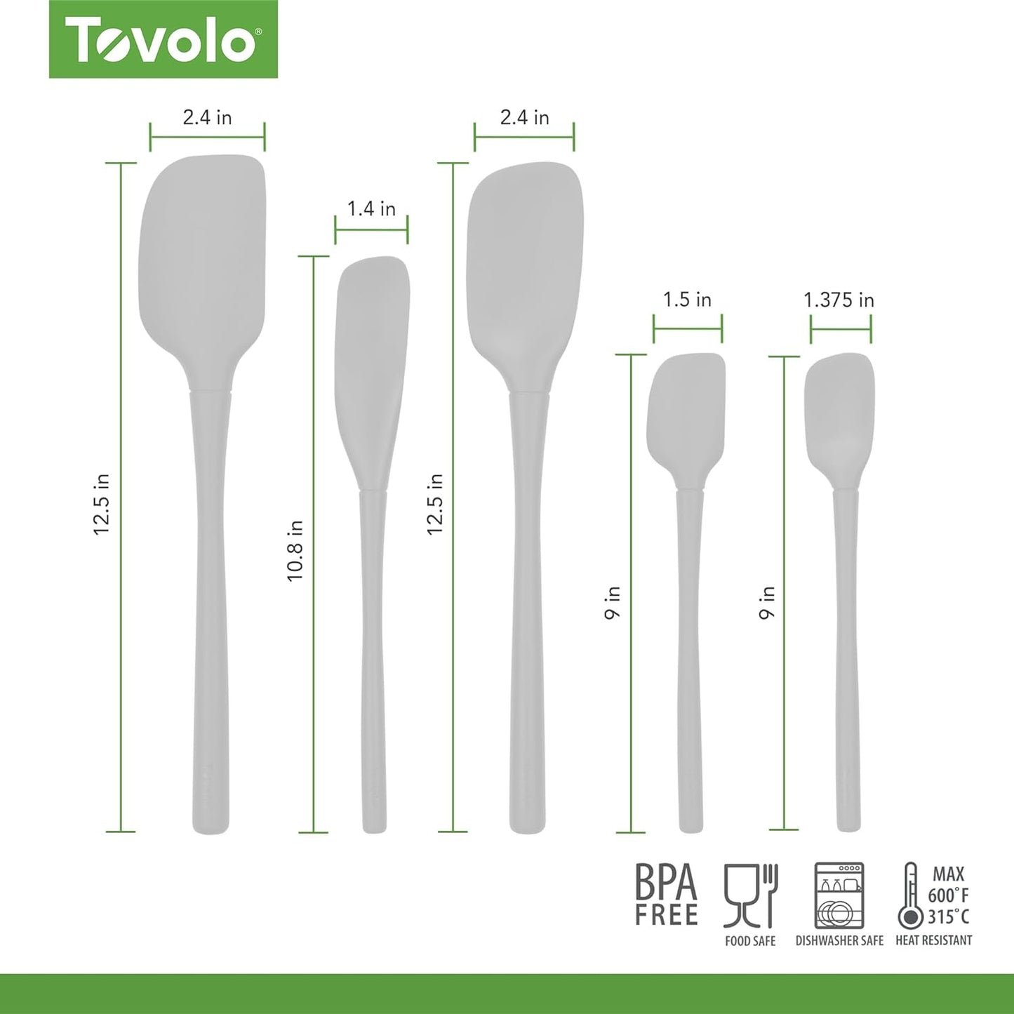 Tovolo Stainless Steel Handled Silicone Spatula Set of 5 White, Dishwasher Safe Kitchen Spatula Set for Cooking Baking, Non Toxic BPA Free Silicone Spatula set with Metal Steel Handle