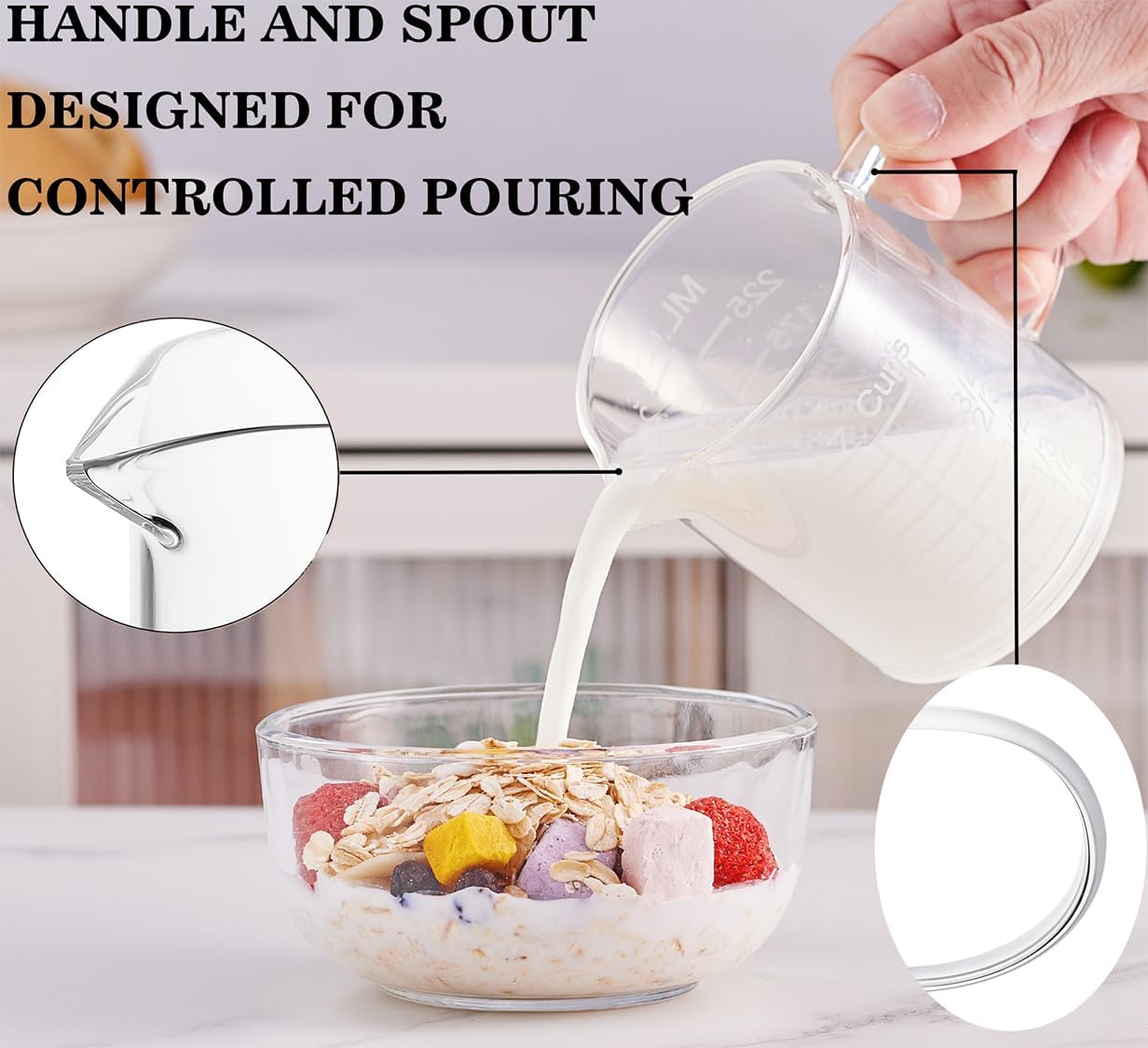 Ackers Etched Graduated Glass Measuring Cup - [Insulated Handle | V-Shaped Spout] - High Borosilicate Glass Measuring Cup for Kitchen or Dining, Easy to Read, 500 ML (16 Oz, 2 Cup)