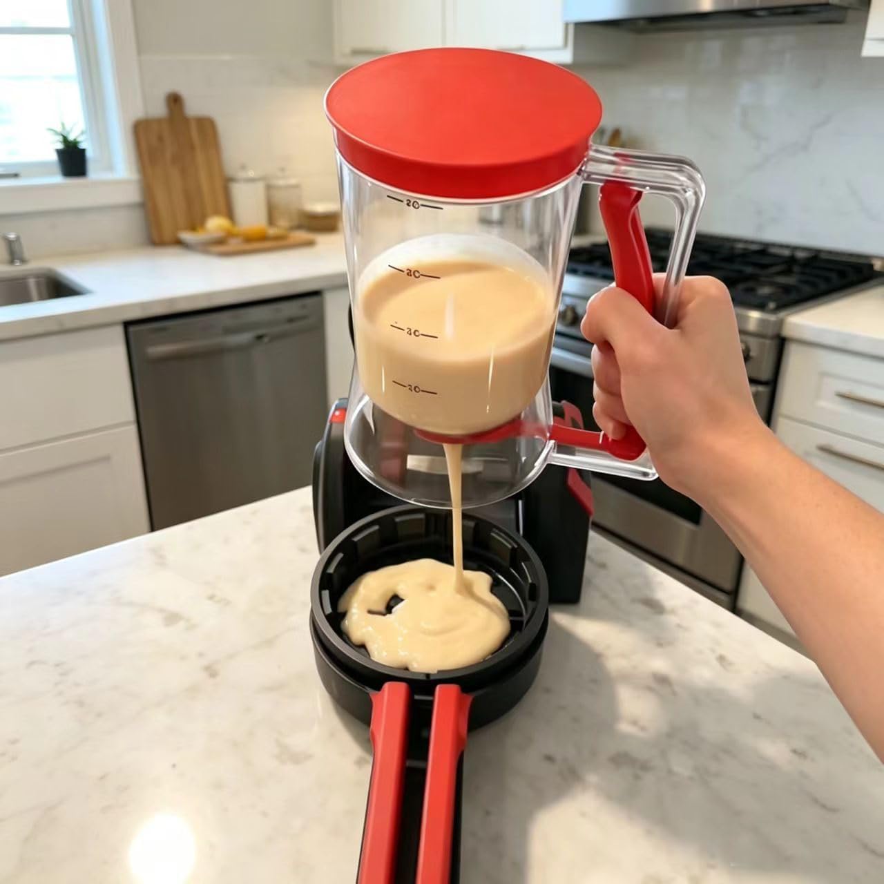 BBSTARZ Pancake Batter Dispenser – 4-Cup Batter Dispenser with Squeeze Handle & Measuring Marks for Pancakes, Waffles, Muffins, Crepes & Cupcakes – Baking Tool(Red)