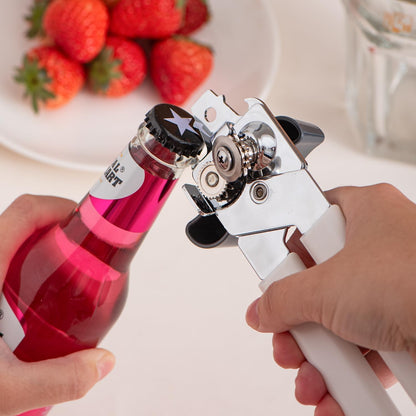 Can Opener Manual, Can Openers Hand Held with Comfort Anti-Slip Handles, Heavy Duty Stainless Steel Can Opener Smooth Edge and Bottle Openers, Easy Turn Can Openers for Seniors, Kitchen, White