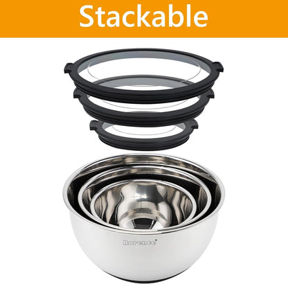 Rorence Mixing Bowls with Lids Set, Non Slip Silicone Bottom Stainless Steel Mixing Kitchen Bowls for Baking/Storage, Dishwasher Safe, 5/3/1.5QT