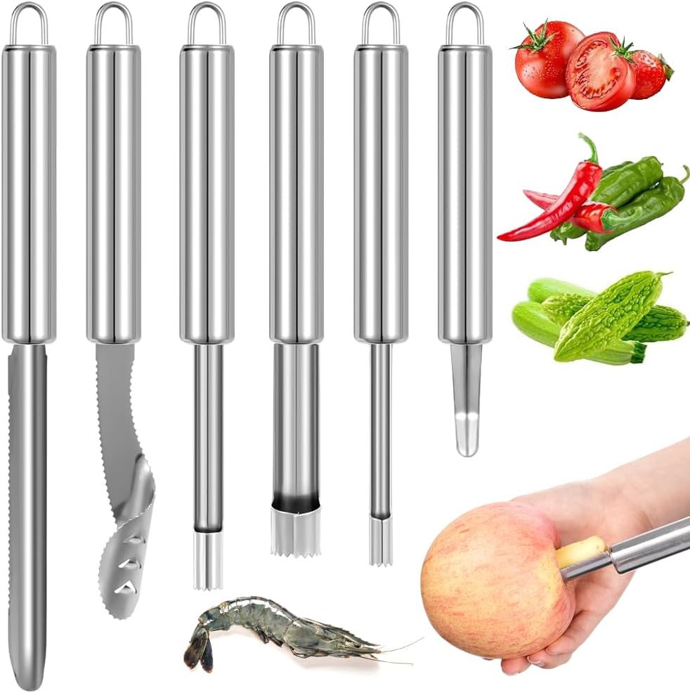 6 PCS Vegetable Corer, Stainless Steel Fruit Corers, Kitchen Corer Tool, Multi-function Corers and Pitter Remover Set for Apple, Pear, Cherry, Zucchini, Jujube, Chili, Jalapeno Pepper, Tomato