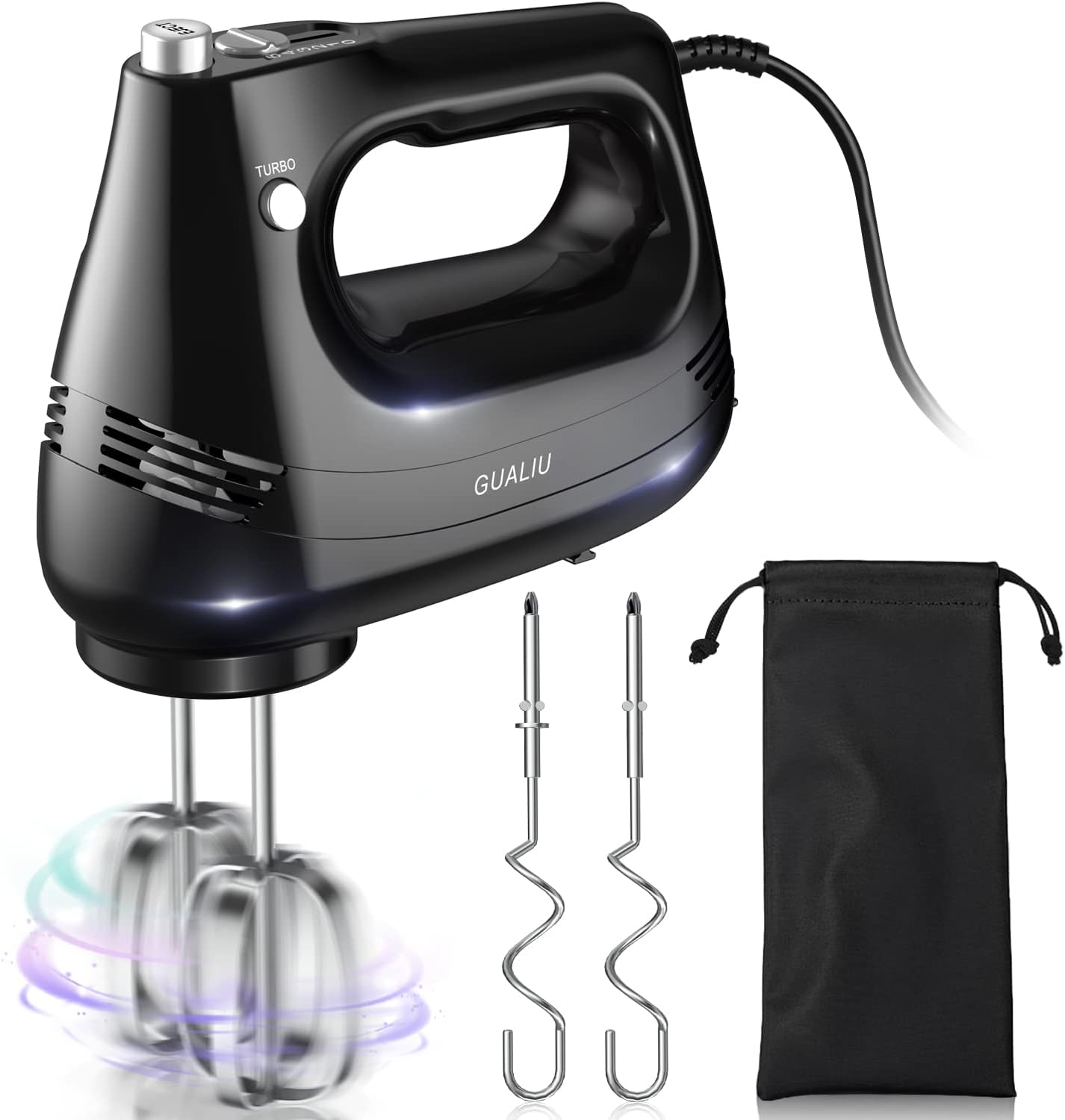 GUALIU Electric Hand Mixer with Stainless Steel Whisk, Dough Hook Attachment and Storage Bag, Handheld Mixer for Baking Cakes, Eggs, Cream Food Mixers. Turbo Boost /5 Speed Kitchen Blender PINK