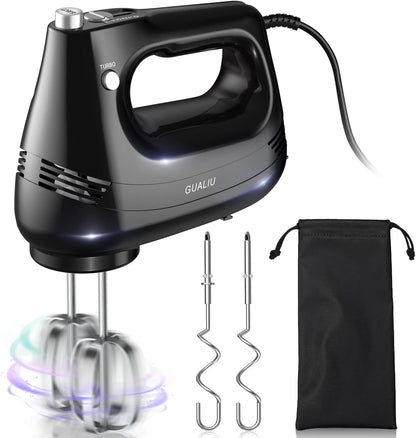GUALIU Electric Hand Mixer with Stainless Steel Whisk, Dough Hook Attachment and Storage Bag, Handheld Mixer for Baking Cakes, Eggs, Cream Food Mixers. Turbo Boost /5 Speed Kitchen Blender PINK