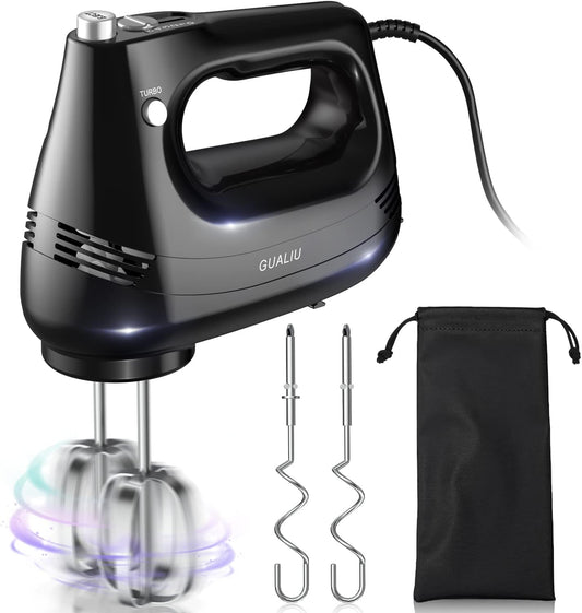 GUALIU Electric Hand Mixer with Stainless Steel Whisk, Dough Hook Attachment and Storage Bag, Handheld Mixer for Baking Cakes, Eggs, Cream Food Mixers. Turbo Boost /5 Speed Kitchen Blender PINK