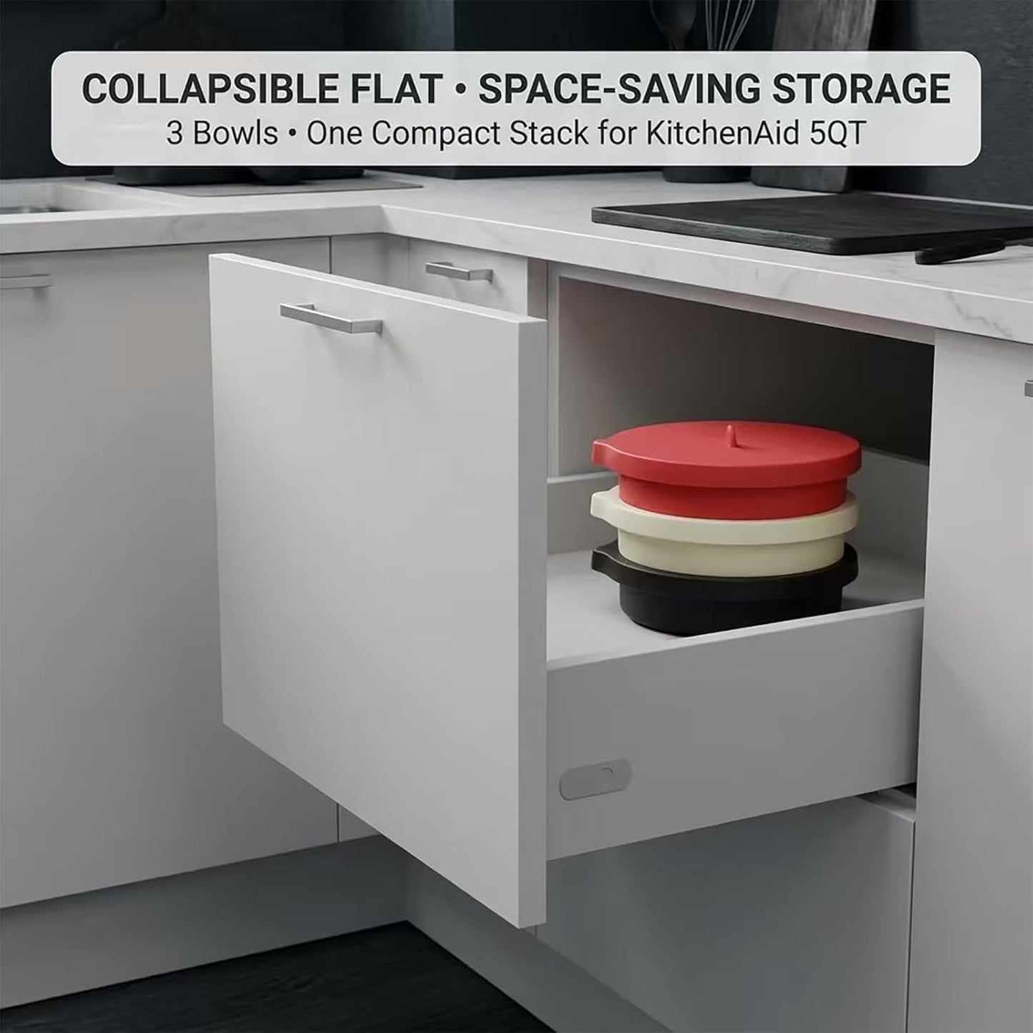 3-Pack Collapsible Silicone Bowl Liners Inserts for KitchenAid 5QT Tilt-Head Mixer Accessories, with Airtight Lids, Food Grade for Dough Proofing & Space-Saving Storage