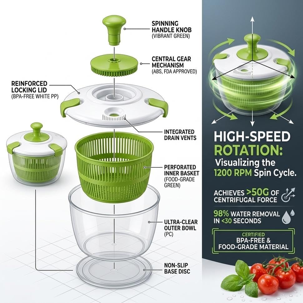 Salad Spinner-Lettuce Spinner | Best Fruit Washer with Spinner Bowl, Easy-Spin Handle, 5QT