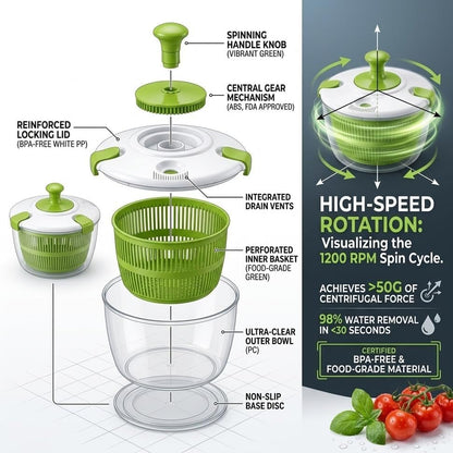 Salad Spinner-Lettuce Spinner | Best Fruit Washer with Spinner Bowl, Easy-Spin Handle, 5QT