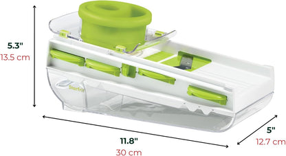 Starfrit Easy Mandoline Slicer, Dicer - 5-Blades and Graters - Straight & Crinkle Blades, Julienne, Grater & Shredder - Self-Feeding Pusher - Catch Base for Storage and Food Container