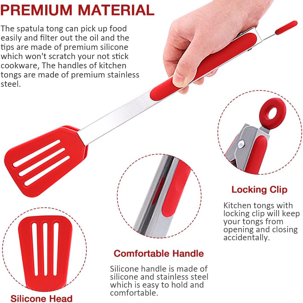 Mini Silicone Serving Tongs Set of 3, Small Kitchen Tongs (7 inch) with Silicone Tips and Stainless Steel Handle, Cooking Tongs for Salads, Pasta, Steaks, Vegetables