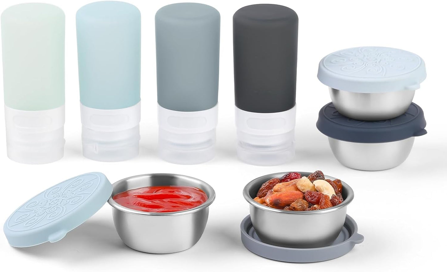 MICEBAY 8-Pack Salad Dressing Container To Go, 2-oz Silicone Small Condiment Squeeze Bottles and 1.6 oz Stainless Steel Sauce Containers Cups, Leakproof Condiment Containers with Lids for Lunch Box