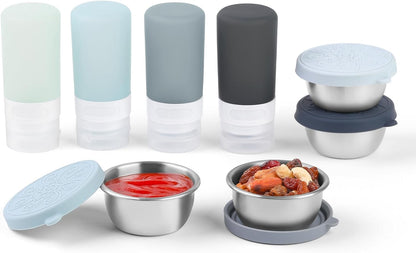 MICEBAY 8-Pack Salad Dressing Container To Go, 2-oz Silicone Small Condiment Squeeze Bottles and 1.6 oz Stainless Steel Sauce Containers Cups, Leakproof Condiment Containers with Lids for Lunch Box