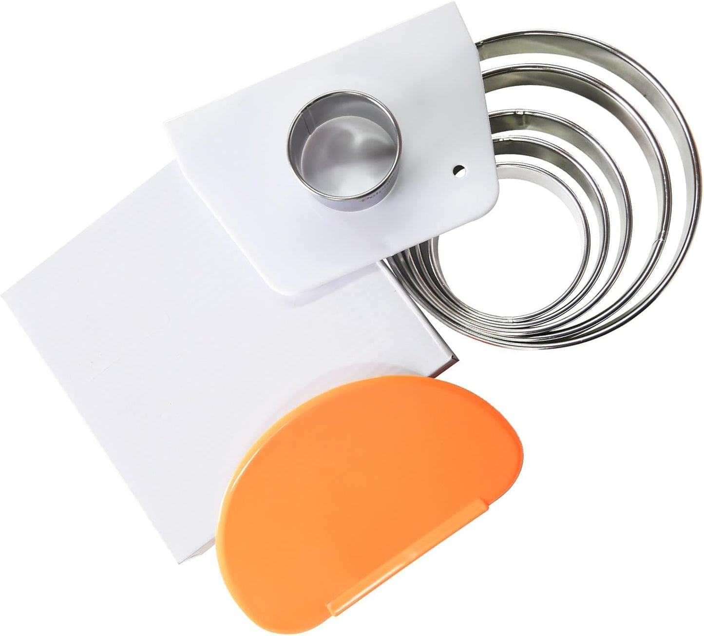 8pc Round & Circle Cookie Cutter Set with 2 Scrapers - 6 Stainless Steel Biscuit Cutters (2"-6", 1.18" Deep) - Includes 6" Bench Scraper & Silicone Bowl Scraper - Tools for Pastry, Donuts & Scones