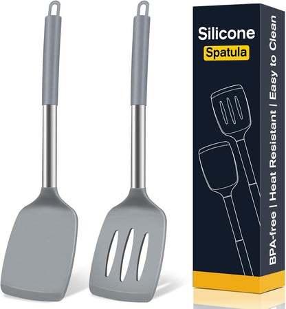 2 Pack Silicone Spatula Set, Solid & Slotted Turner for Non-Stick Pans, High Heat Resistant Silicone Spatula for Cooking, BPA-Free Stainless Steel Cooking Utensils for Fish, Eggs, Pancakes, Black