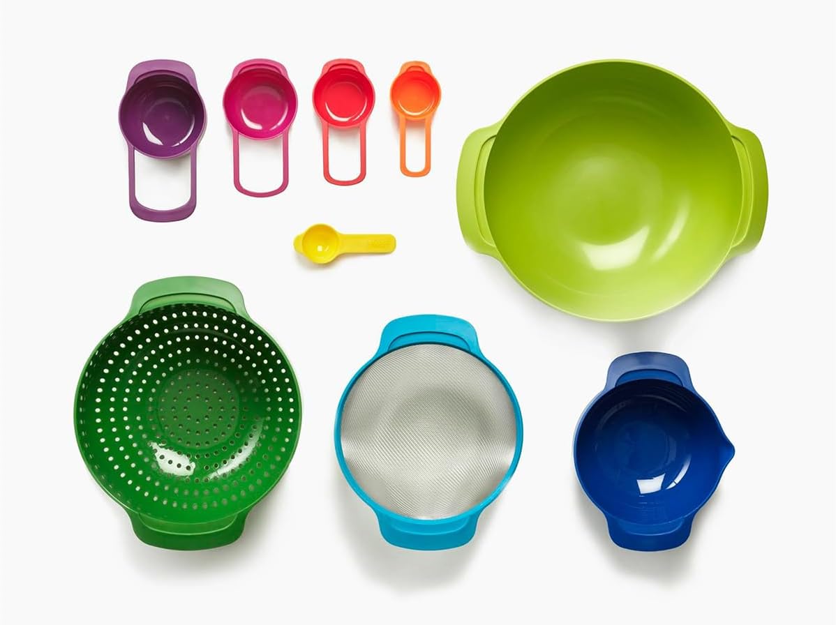 Joseph Joseph Nest 9 Plus, 9 Piece Compact Food Preparation Set with Mixing Bowls, Measuring cups, Sieve and Colander, MultiColor