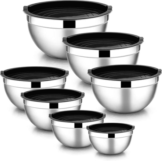 E-far Stainless Steel Mixing Bowls with Lids, 7-Piece Metal Nesting Bowls with Colorful Airtight Lids for Saving Storage Space, Size 7, 4.6, 3, 2, 1.5, 1, 0.7QT, Great for Baking/Cooking/Prepping
