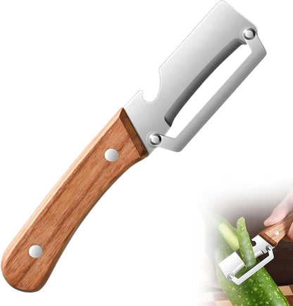 Multifunctional Vegetable Peeler, Premium Zero Snag Wooden Peeler for Kitchen Tool with Bottle Opener 2 in 1 Stainless Steel Kitchen Gadgets for Potatoes Pumpkinsp Carrots and Vegetables Fruits (1pcs)