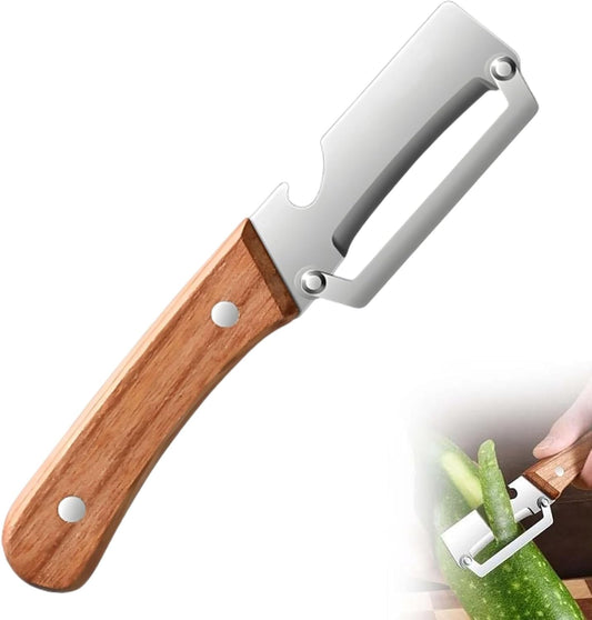 Multifunctional Vegetable Peeler, Premium Zero Snag Wooden Peeler for Kitchen Tool with Bottle Opener 2 in 1 Stainless Steel Kitchen Gadgets for Potatoes Pumpkinsp Carrots and Vegetables Fruits (1pcs)