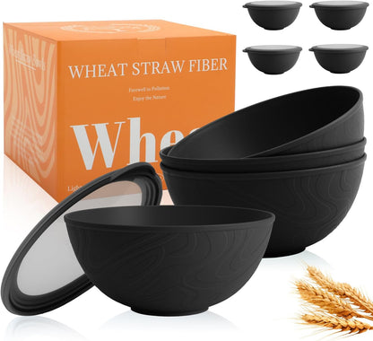 Wheat Straw Bowls Set with Lids, Unbreakable 40 OZ Cereal Bowls Set of 4, Salad Container for Lunch, Microwave & Dishwasher Safe Bowl Set for Kitchen, Picnic, RV, Camping, Multi